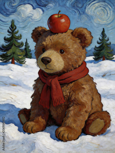Minimalist Christmas-themed Teddy Bear Decorative Painting with Apple on its Head

