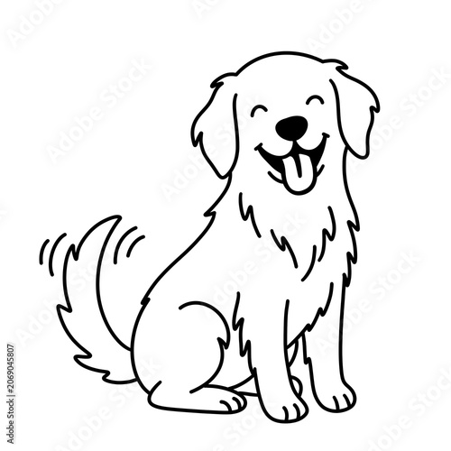Black and white outline illustration of a happy sitting golden retriever dog with wagging tail, coloring page design isolated on white background