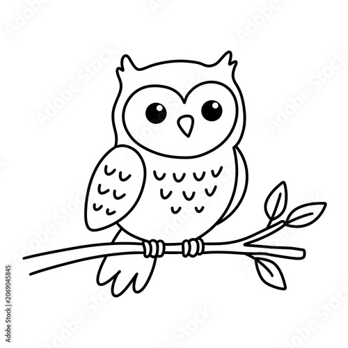 Cute cartoon owl sitting on a tree branch, black and white line art outline illustration