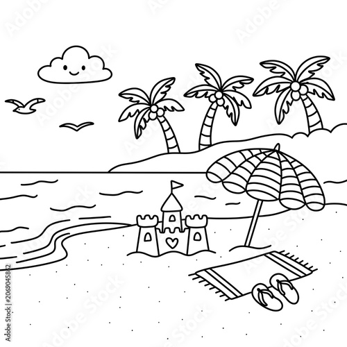 Cute cartoon summer tropical beach landscape doodle coloring page line art outline illustration