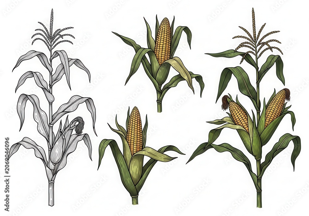 Fototapeta premium Set of hand drawn corn stalks and ears of corn with detailed leaves and kernels in an artistic vintage engraved illustration style for agricultural designs and harvest food themes
