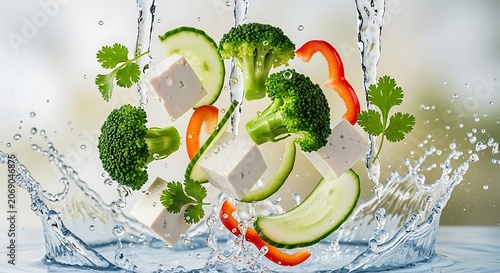 Fresh vegetables and tofu splash in water, healthy food concept.