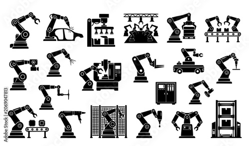 Photos Factory Robot Manipulators Set: 20 Automated Production Line Icons