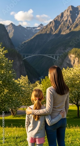 Mother and daughter admiring the scenic mountain landscape and bridge.