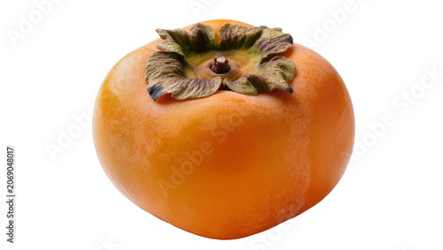 Quadro su tela Ripe orange persimmon fruit with green leaves, isolated on transparent backgroun