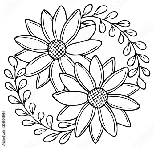 Floral mandala design with two flowers and leaves