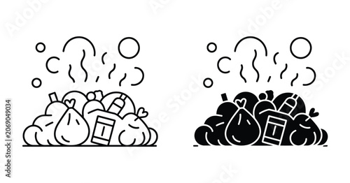 Obraz na płótnie Garbage pile landfill icon set, vector symbols featuring trash bags, barrels, and smelly fumes illustrating pollution, waste collection, environmental hazards, and disposal systems