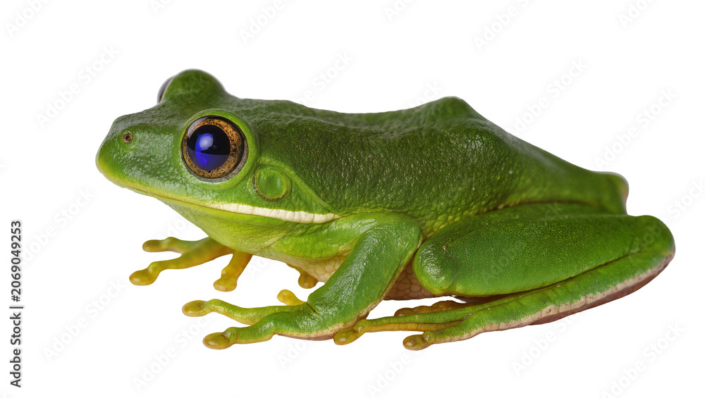Fototapeta premium Vibrant green tree frog with large blue eyes, isolated on transparent background