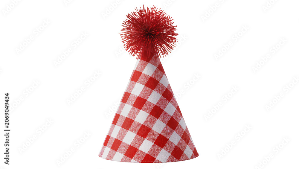 Fototapeta premium Red and white checkered party hat with fluffy pompom, isolated on transparent background