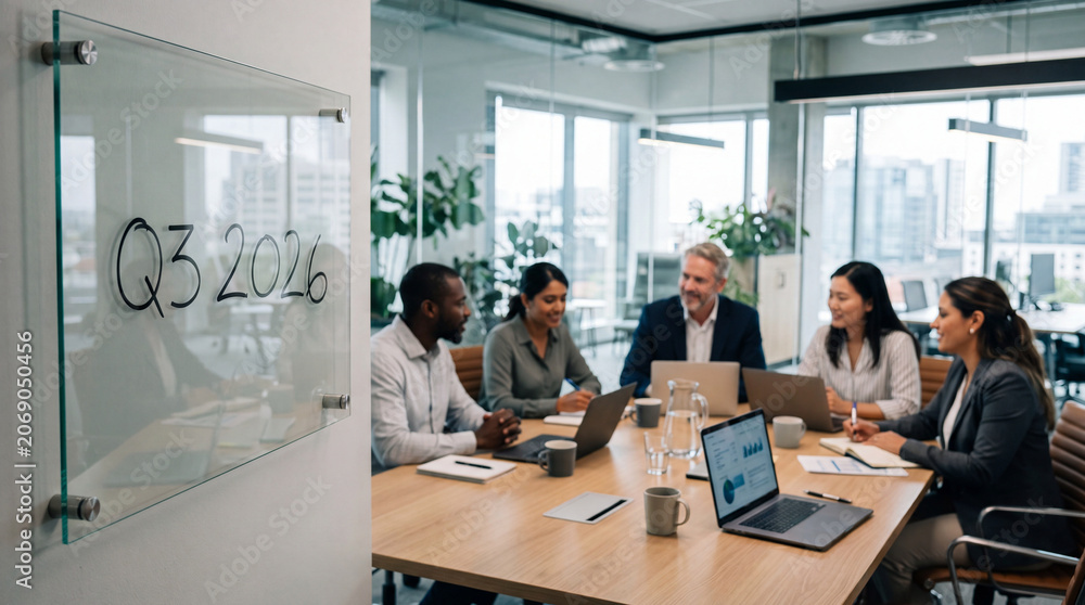 Fototapeta premium Diverse corporate team discussing future business strategy during quarterly meeting with Q3 2026 sign on glass board in modern office