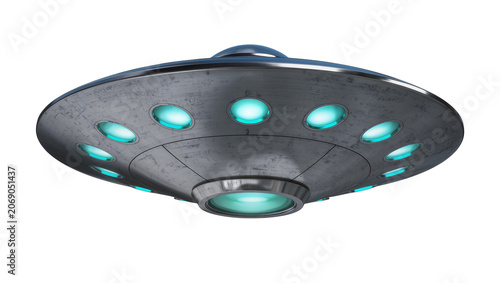 Foto Metallic flying saucer with glowing blue lights, isolated on transparent backgro
