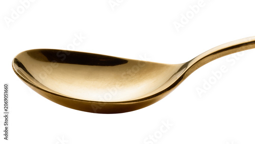 Shiny golden spoon with smooth curved bowl, isolated on transparent background
