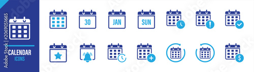 Calendar Icons Collection Set.Featuring Date, Monthly Schedule, Reminder, Event Planning, Notification, Recurring Calendar, Appointment, Deadline and Financial Schedule Symbols in Modern 