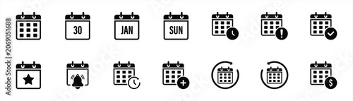 Calendar Icons Collection Set. Featuring Date, Monthly Schedule, Reminder, Event Planning, Notification, Recurring Calendar, Appointment, Deadline and Financial Schedule Symbols in Modern Flat Vector