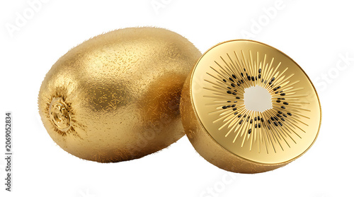 Whole and sliced golden kiwi fruit with metallic texture cross section metallic isolated creative ingredient glittering precious sumptuous tropical nutrition vegetarian delicious culinary