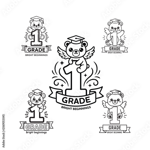 Cute Bear 1st Grade Graduation Vector Set with Cap and Ribbon Banner Line Art