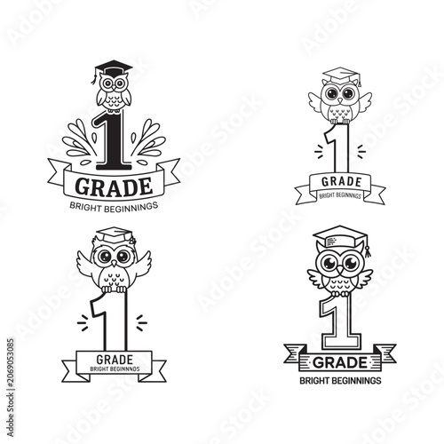 Cute Owl 1st Grade Graduation Vector Set with Cap and Ribbon Banner Line Art