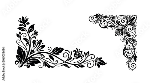 Elegant floral corner ornaments set with intricate black vine patterns for luxury invitation and vintage wedding card decoration.