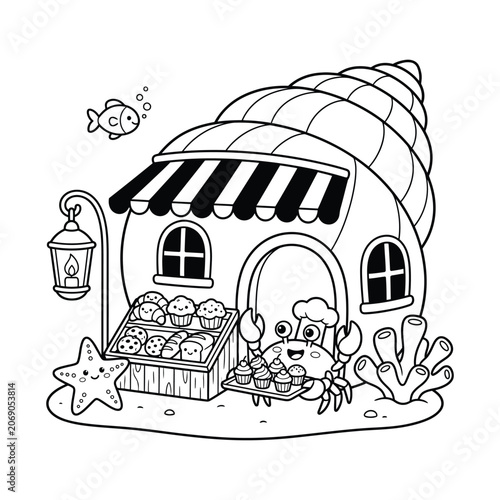 Whimsical seashell-shaped beachside caf with cute sea creatures enjoying baked goods and cozy ambiance for summer vacation illustrations.