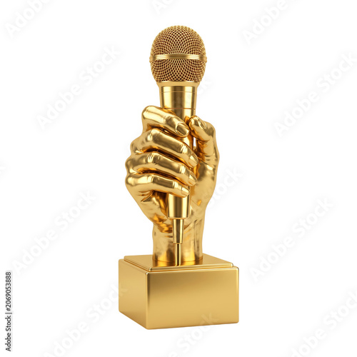 Golden Hand Holding Golden Microphone Award Isolated Transparent Background