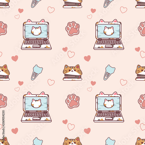 Cat laptop stationary seamless pattern handdrawn office calico