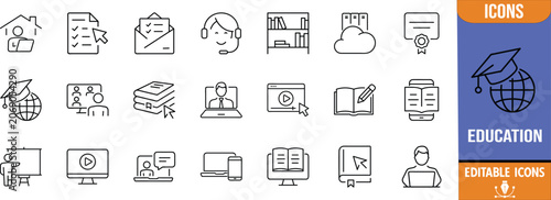 E-learning online education line icons. laptop icon set, book icon set, headset icon set