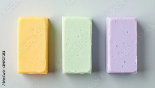 Three rectangular soap bars arranged vertically on neutral background minimalist composition