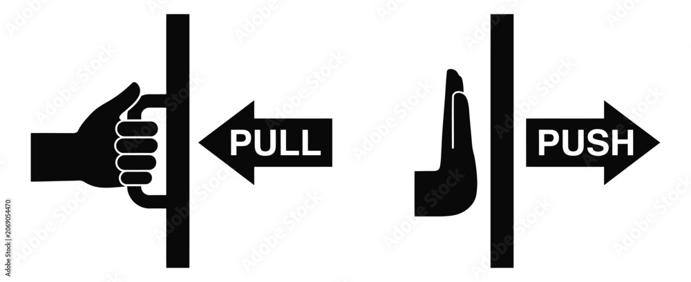 Obraz premium Door push pull icons, hand opening and closing door symbols in black silhouette style, vector illustration.