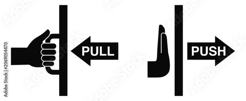 Fotografie Door push pull icons, hand opening and closing door symbols in black silhouette style, vector illustration