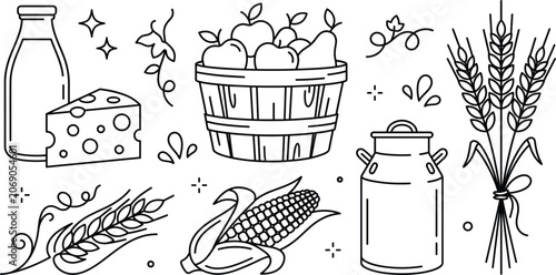 Cuadro en lienzo Agriculture and harvest vector line art icon set with milk bottle cheese fruit b