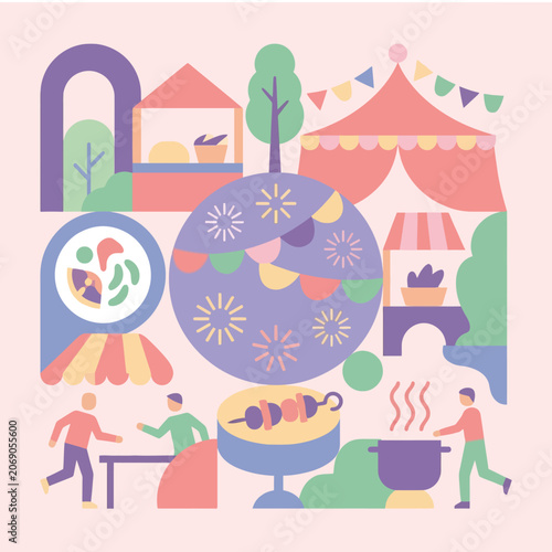 Vibrant pastel vector art depicting a lively outdoor community fair