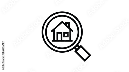 Real estate search icon with magnifying glass and house, property hunting vector illustration, home inspection and residential discovery symbol