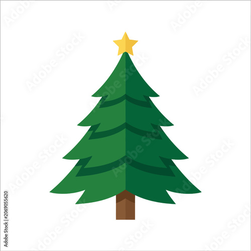 A cheerful, stylized Christmas tree stands with a golden star