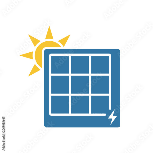 A flat icon showing a solar panel with a bright sun