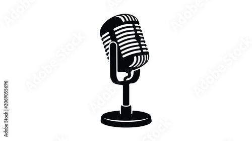 Vintage retro microphone vector illustration, classic studio condenser mic icon, black and white podcast and broadcasting equipment graphic