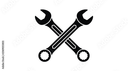 Industrial crossed wrenches vector icon, black silhouette of mechanical hand tools, repair service and maintenance symbol for garage or workshop