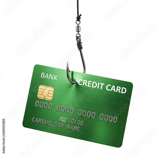 Green Credit Card on Fishing Hook Isolated on Transparent