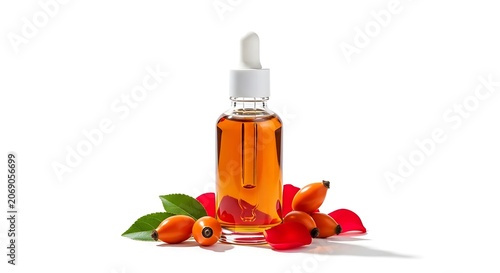 Organic rosehip oil cosmetic dropper bottle surrounded by fresh berries and green leaves, representing a natural skincare concept