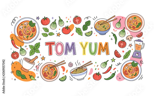 Tom yum thai soup doodle vector set with traditional ingredients and served dishes.