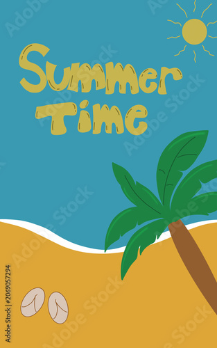 Colorful summer beach illustration with palm tree, sunshine, ocean waves, and sandy shore. Ideal for vacation, travel, holiday, and tropical-themed designs.