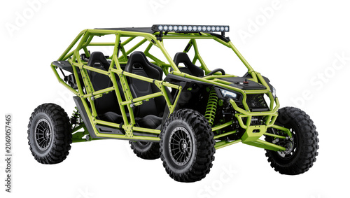 Tableau sur toile Lime green off-road buggy with roll cage and LED light bar, isolated on transpar