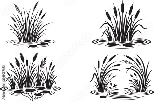 Wetland Reed and Cattail Silhouette Collection, Pond Grass and Water Lily Vector Set .