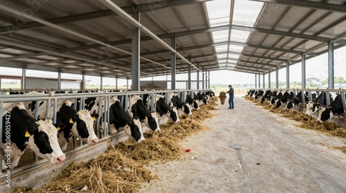 Cows eating in a barn with farmers checking on them during the day