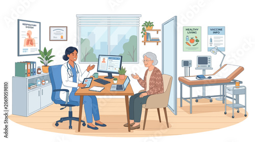Doctor consulting patient in medical office, health care concept