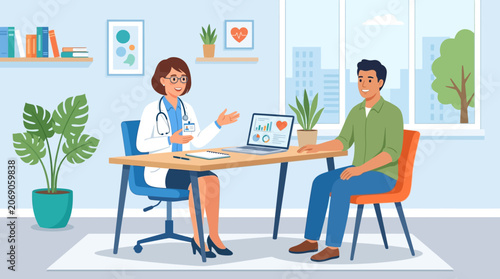 Doctor consulting patient in medical office, health check, wellbeing illustration