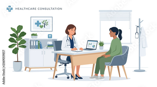 Doctor consulting patient in medical office, health checkup concept