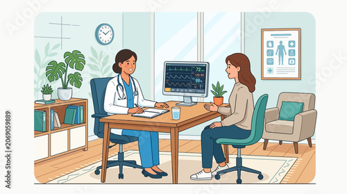 Doctor consulting patient in medical office, health check, flat illustration