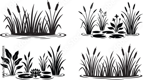 Wetland Reed and Cattail Silhouette Collection, Pond Grass and Water Lily Vector Set .
