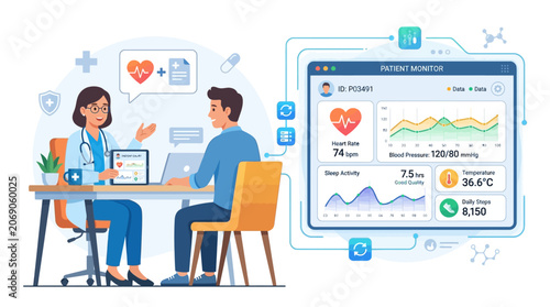 Doctor consulting patient with health data on digital screen