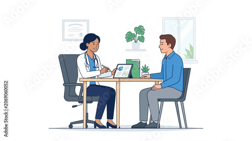 Doctor consulting patient with tablet, medical concept illustration